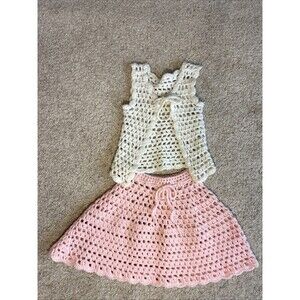 Vtg Hand Crochet Girls Vest Skirt Set 2T Pink White Grannycore Boho Cottagecore